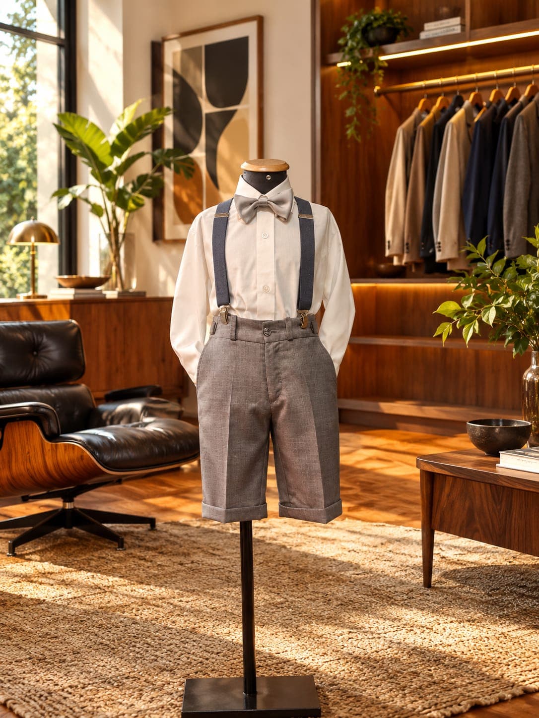Conjunto Pajem Bermuda Cinza, Camisa e Suspensório